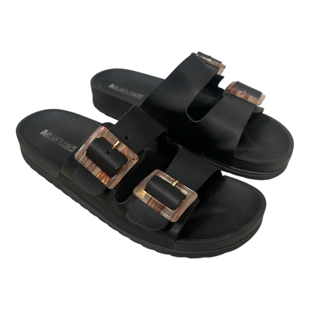 Black Slide Sandals with Rose Gold Buckles - Picture 7 of 16